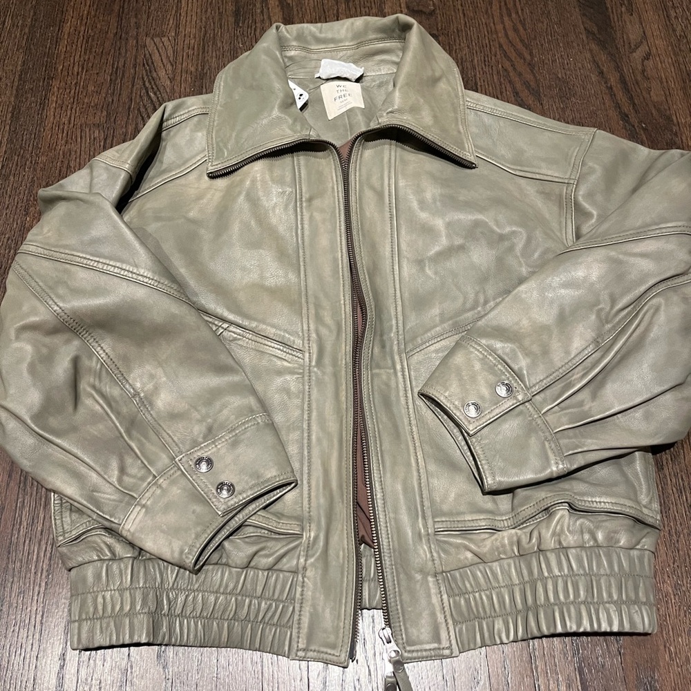 Free people olive leather jacket med new with tags